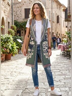 VTG 1993 Sugar Street Weavers Cat Tapestry Vest Elizabeth T MWW Duster Large